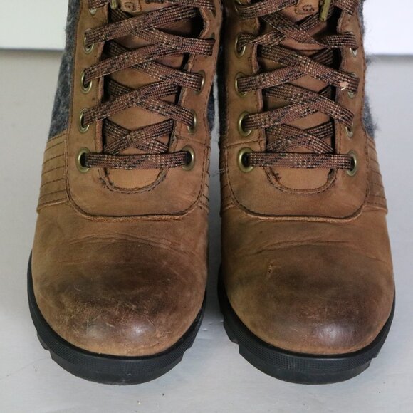 Sorel Lexie Wedge Felt Leather Ankle Boot 8 Brown Gray Lace Up Waterproof Winter - Picture 4 of 10
